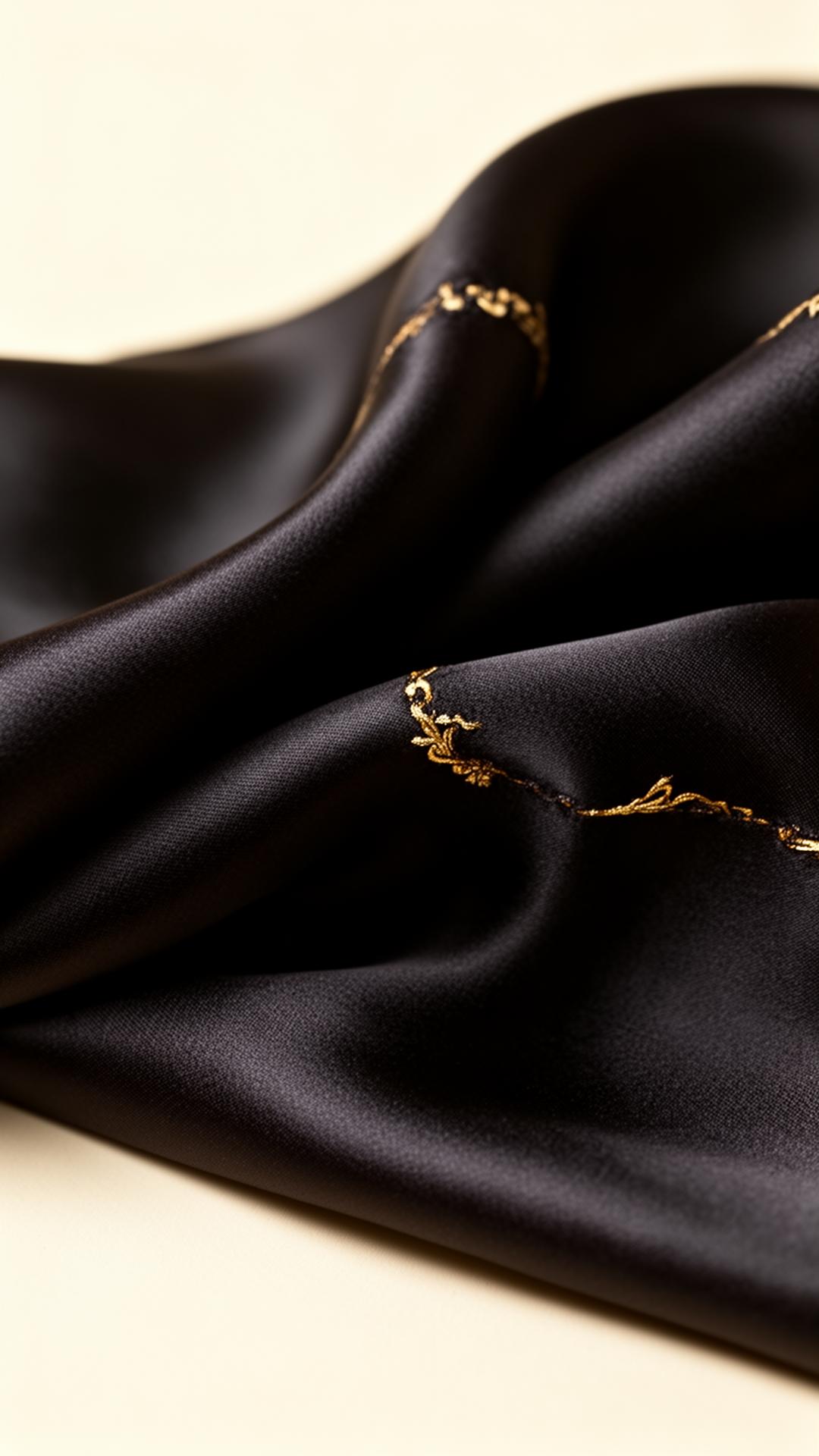 Macro detail of black mulberry silk with subtle gold trim