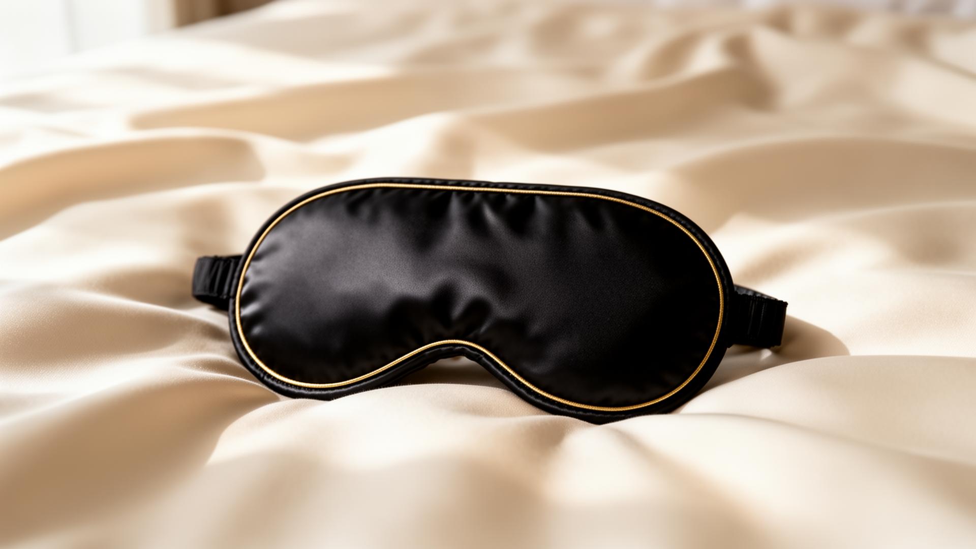 SILENSILK luxury black silk sleep mask resting on ivory silk bedding